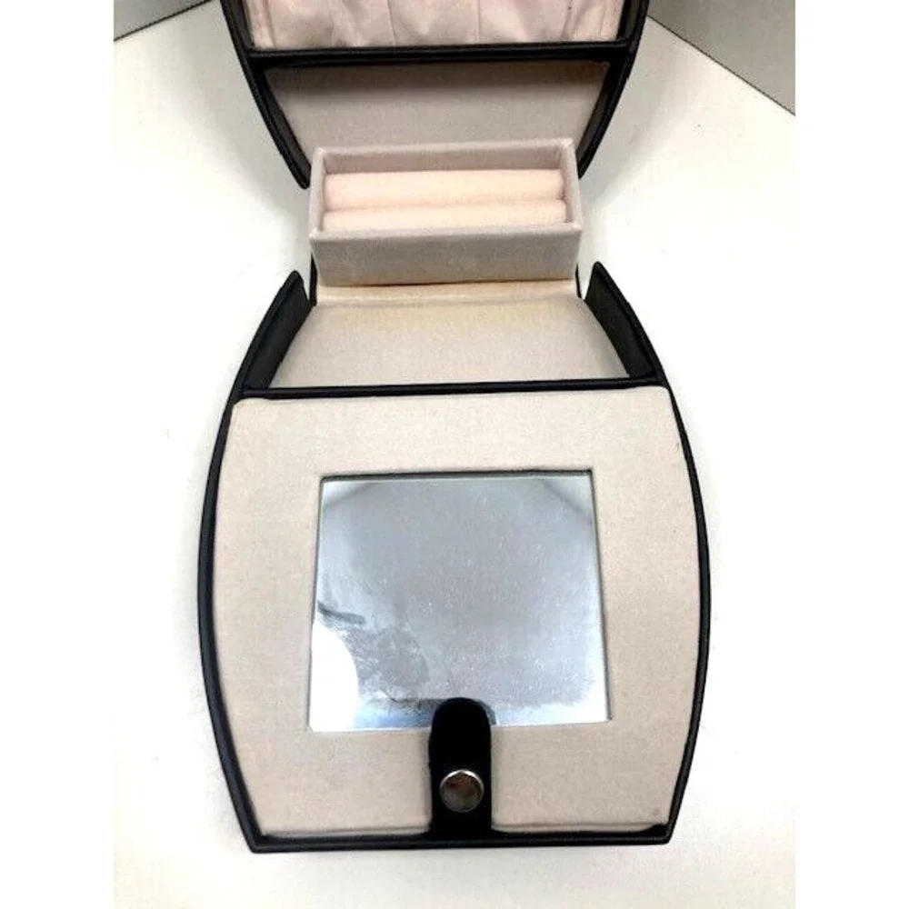 New‎ Black Leather Travel Jewelry Case Mirror, Hard Outer Snap Case